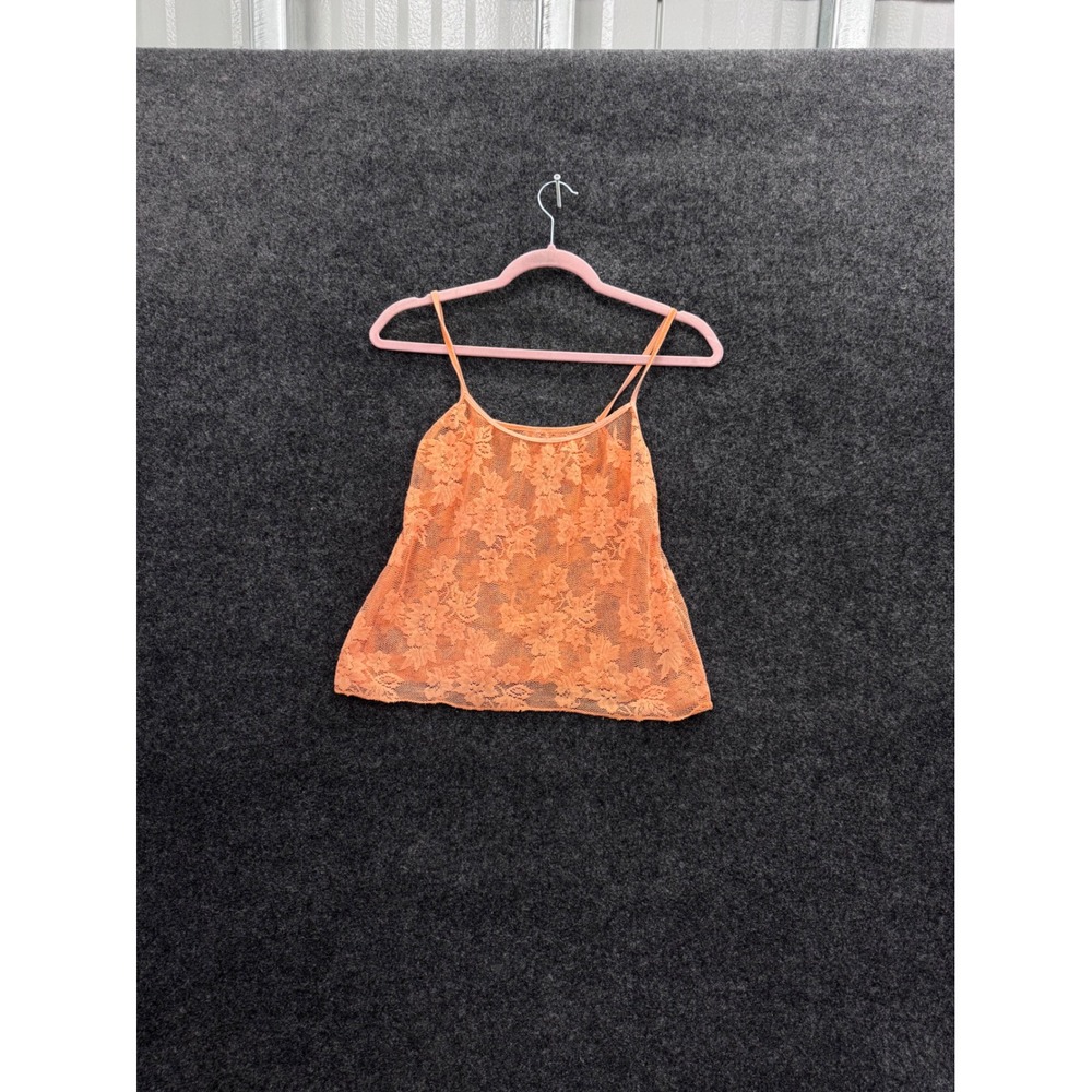 Vintage Sheer Floral Lace Camisole Spaghetti Strap Coral Orange Tank Top